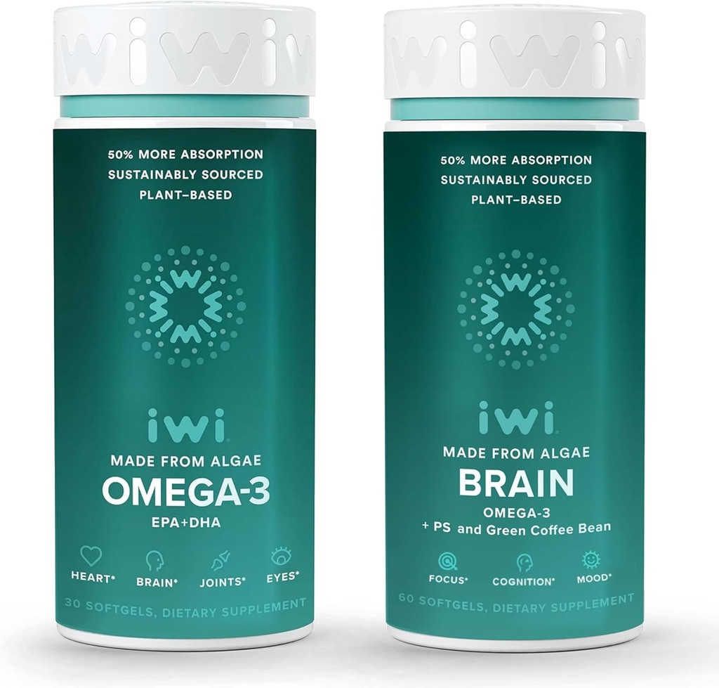 Iwi Omega-3&Brain Omega-3バンドル、30サービング、ビーガン植物ベースの藻オメガ3 EPA + DHA、Krill&フィッシュオイルオルタナティブ、魚介のAftertasteなし