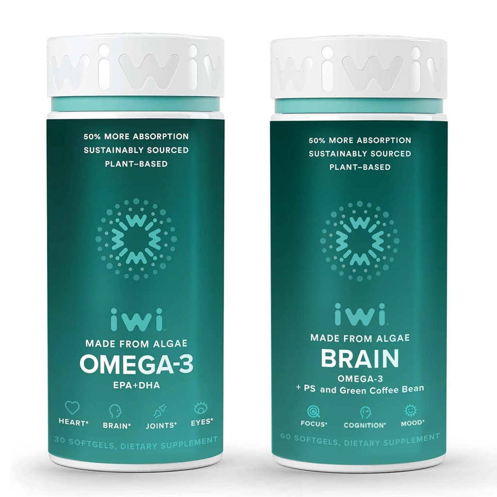Iwi Omega-3&Brain Omega-3バンドル、30サービング、ビーガン植物ベースの藻オメガ3 EPA + DHA、Krill&フィッシュオイルオルタナティブ、魚介のAftertasteなし