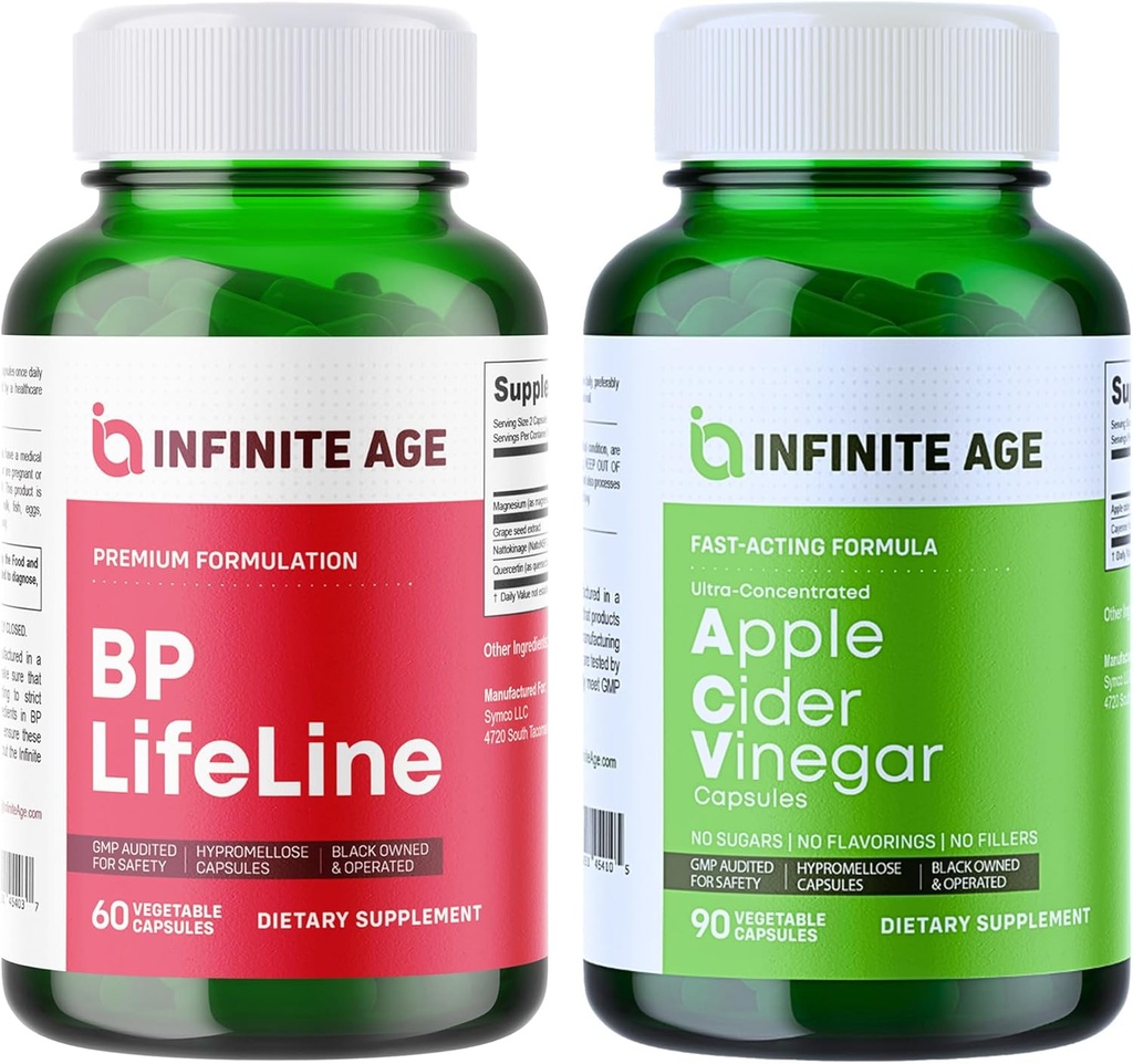 INFINITE AGE Wellness Bundle - BP ライフライン ハートヘルス サポート サプリメント 1030mg、Apple Cider Vinegar カプセル 1950mg - アメリカ製