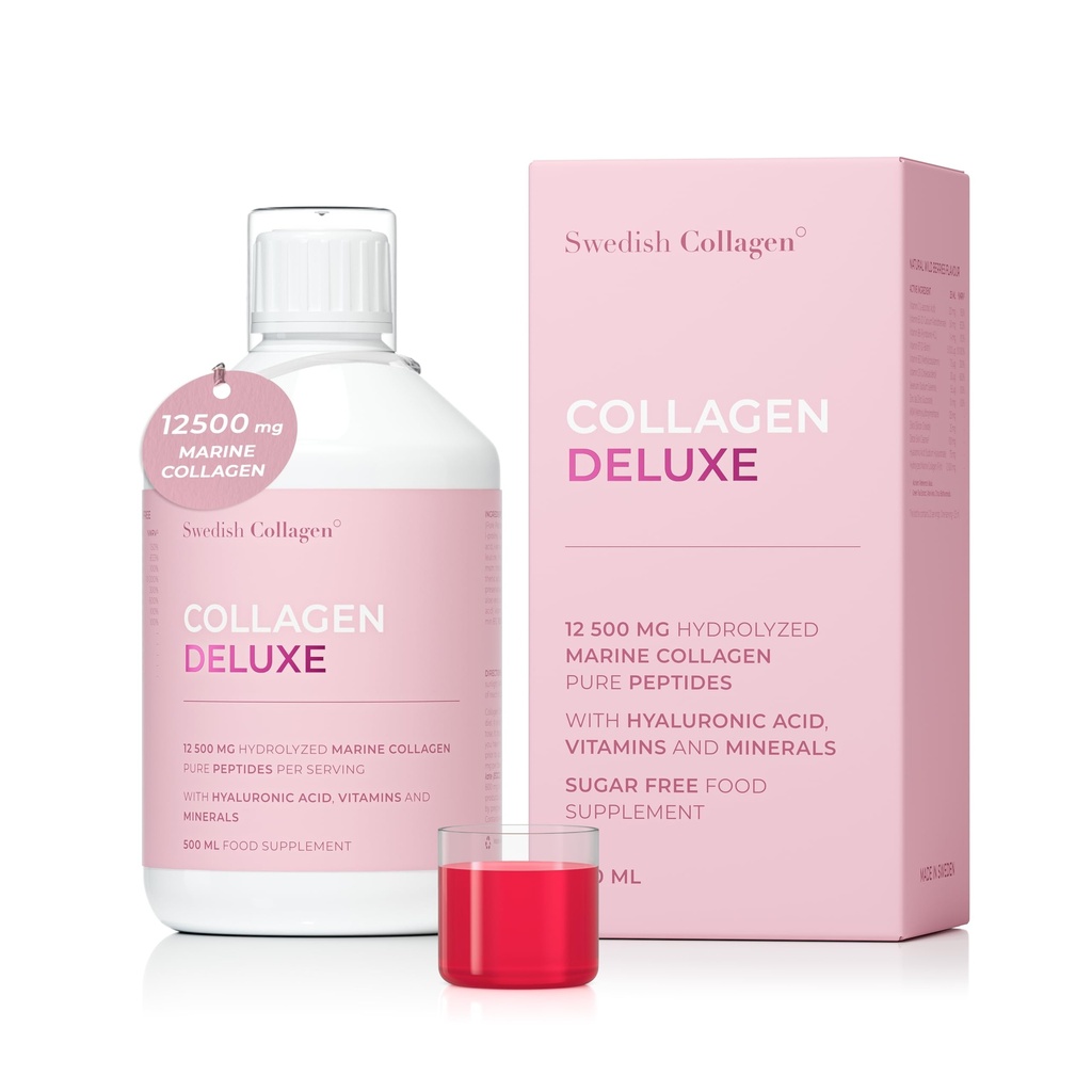 Swedish Collagen Deluxe 12,500 mg Hydrolyzed Marine Collagen Liquid Supplement - 20 Day Supply, 500 ml, Type 1 & 3 | Peptides & Vitamins for Hair, Skin, Nails, Joints | Clinically Tested | Sugar Free