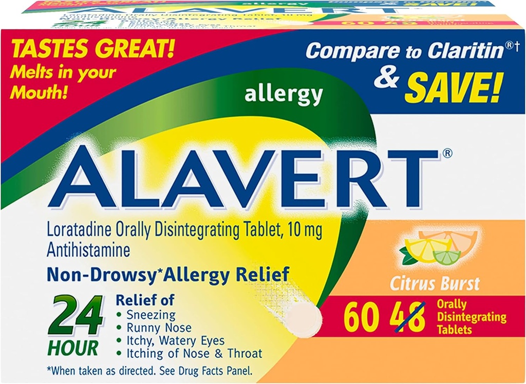 Alavertアレルギー24時間の救助、Citrusのバーストの味、口頭でアレルギーのタブレット、非眠気のAntihistamine、Loratadine 10mg、60の計算を崩壊して下さい