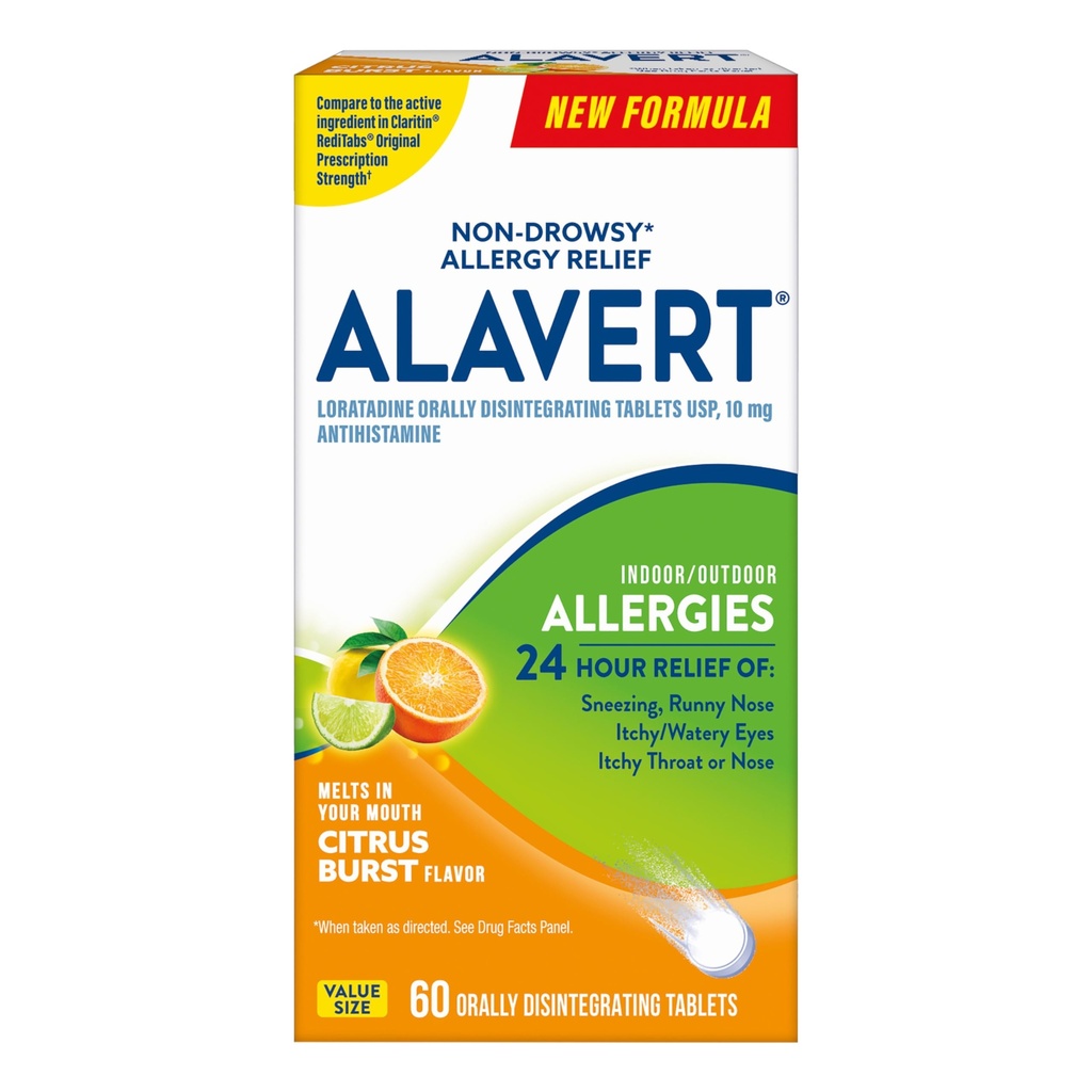 Alavertアレルギー24時間の救助、Citrusのバーストの味、口頭でアレルギーのタブレット、非眠気のAntihistamine、Loratadine 10mg、60の計算を崩壊して下さい