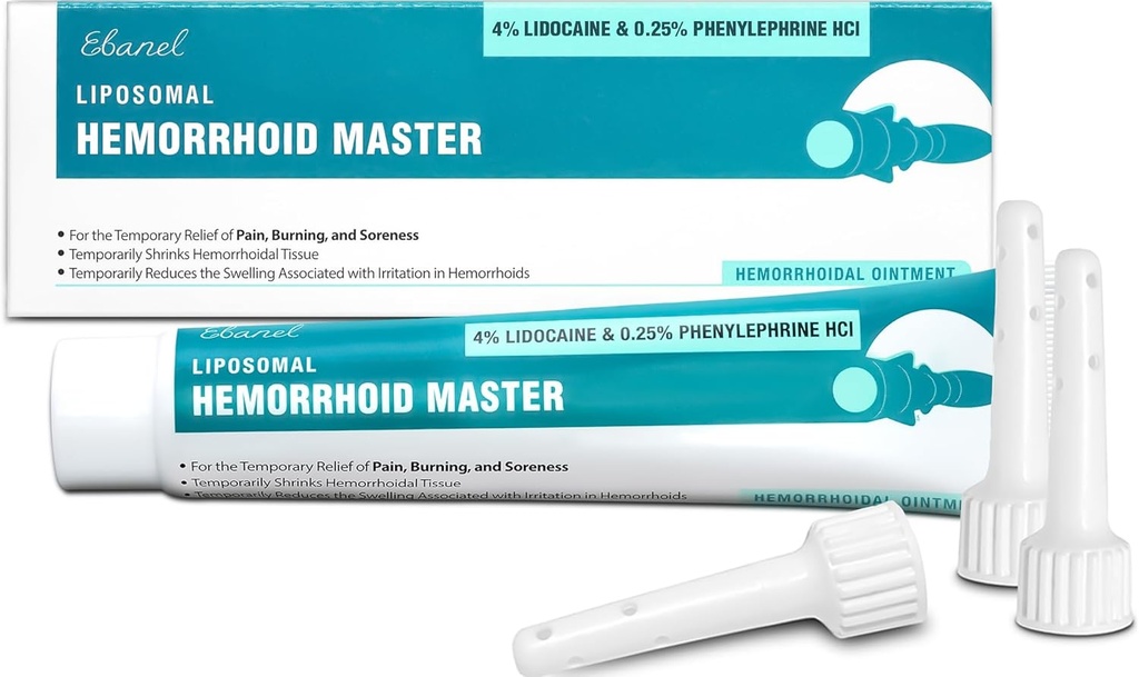 Ebanel 4% Lidocaine Hemorrhoid Treatment Ointment with Phenylephrine, Hydrocortisone, Vitamins B6, D3, E, Zinc Oxide, External and Internal Hemorrhoids Treatment Burn Itch Pain Relief Anal Cream