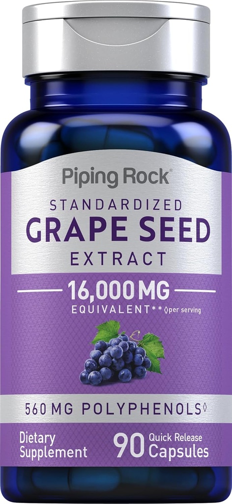 パイピングロックグレープシードエキスカプセル | 16,000mg | 90Pills | Vitis Vinifera Supplement | 非GMO、グルテンフリー