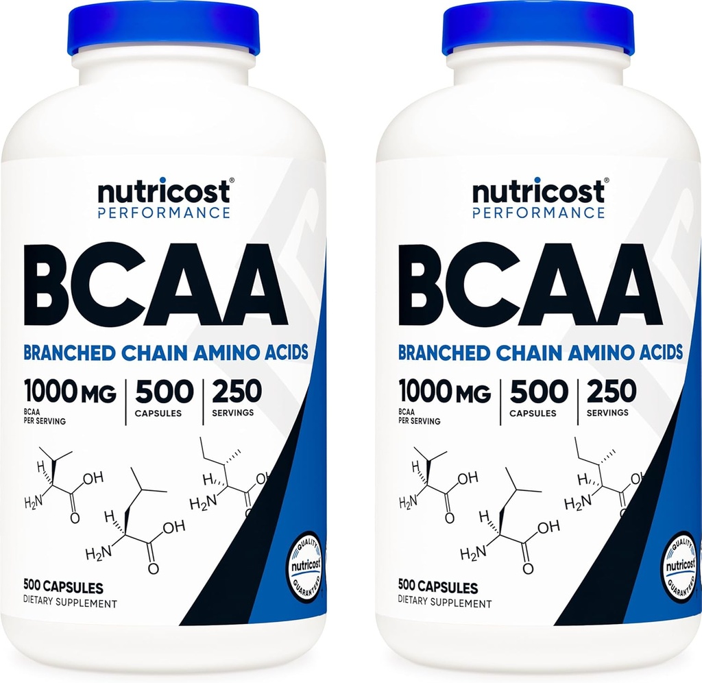 Nutricost BCAA 1000mg、500カプセル(250サーブ)、2:1分ブランチチェーンアミノ酸(L-ロイシンの500mg、L-イソロイシンとL-バリンの250mg)(2ボトル)