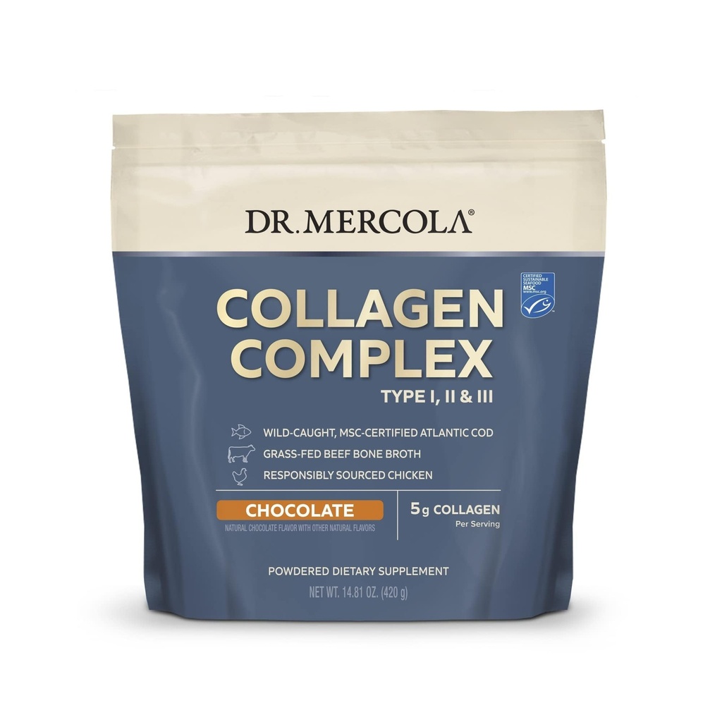 Dr. Mercola Collagen Complex Powder - Supports Skin Elasticity & Tissue Health - Multi-Source Collagen Types I, II & III - Non-GMO, Gluten-Free & Soy-Free- 10.89 oz (30 Servings) - Chocolate