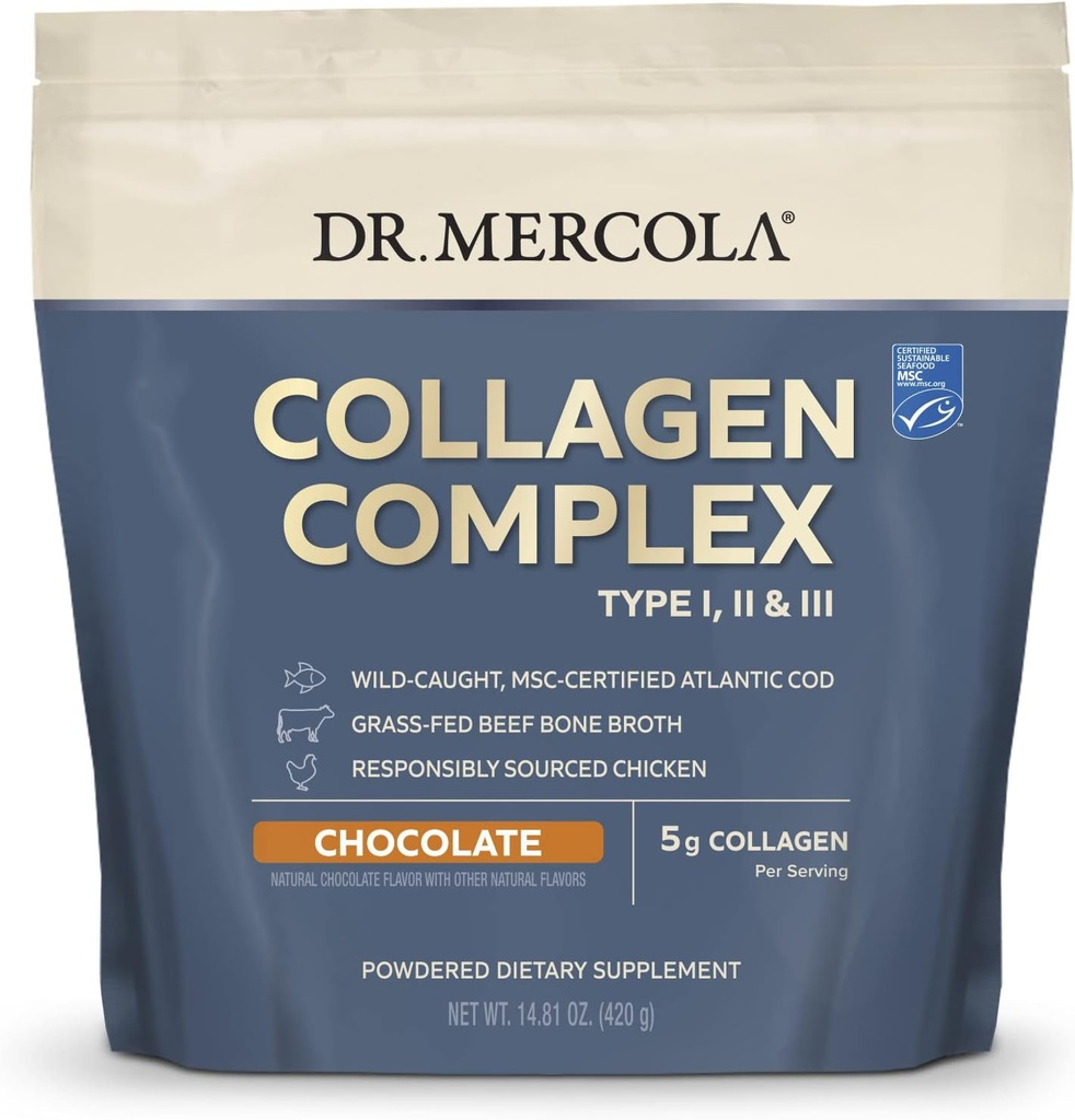 Dr. Mercola Collagen Complexパウダー - 皮膚の弾力性と関節機能をサポート - マルチソースコラーゲンタイプI II III - 10.89 oz (30 サービング) - チョコレート