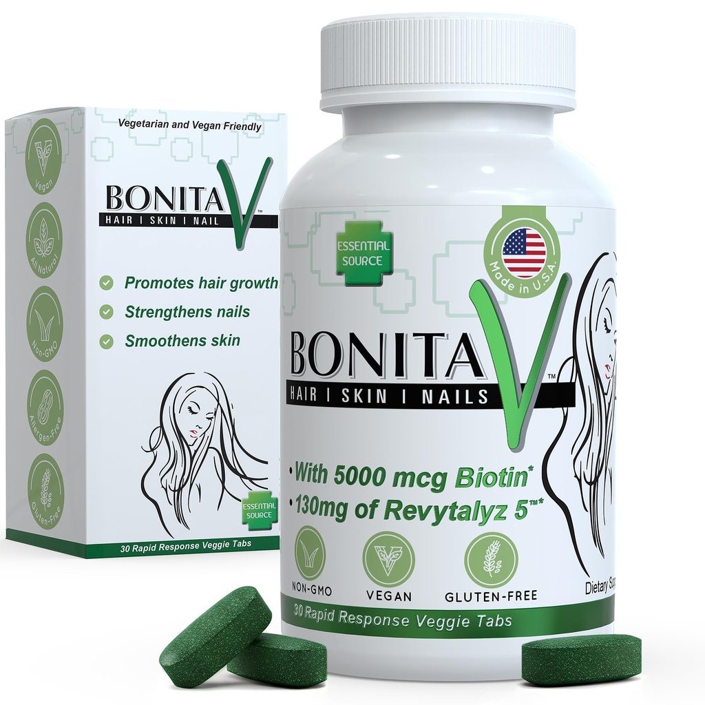 エッセンシャルソースビオチン(Biotina Vitaminas) - 女性と男性のためのヘアスキンネイルビタミン - 5000 mcg - 毛の成長サポートサプリメント - 30錠 - Revytalyz 5、ビタミンA、C、B12 - 米国製