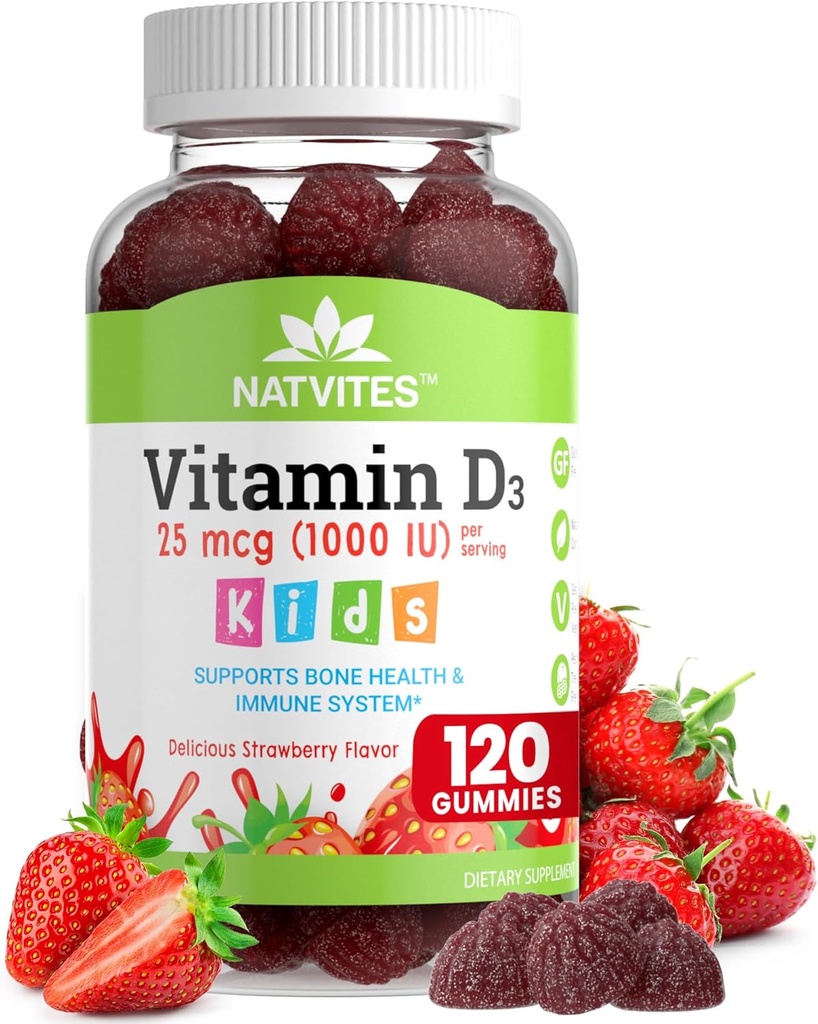 Vitamin D3 Gummies for Kids - Vitamin D 1000 IU Pectin Gummy - Strawberry Flavored - Bone Health and Immune Support Supplement - Non-GMO, Gluten Free, Vegan, Nut & Dairy Free - 120 Count (Pack of 1)