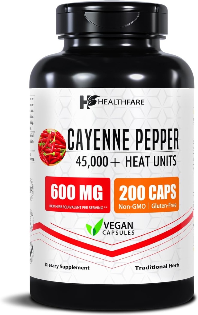 HealthFare Cayenne Pepper カプセル 600mg | 200 ビーガン丸薬 | 45,000 ヒートユニット(HU) | 循環型・消化型サポート | 高効力草エキス | 非GMO、グルテンフリー | アメリカ製