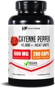 HealthFare Cayenne Pepper カプセル 600mg | 200 ビーガン丸薬 | 45,000 ヒートユニット(HU) | 循環型・消化型サポート | 高効力草エキス | 非GMO、グルテンフリー | アメリカ製