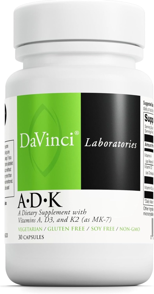 DAVINCI Labs ADK - Helps Support Bone, Heart & Immune Health - Dietary Supplement with Vitamins A, D3 & K2 (as MK-7) - Vegetarian, Gluten Free & Soy Free - 30 Capsules