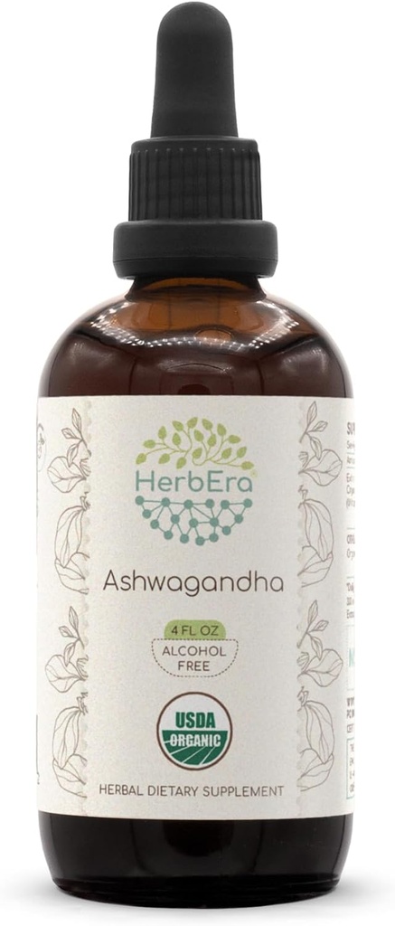 HerbEra Ashwagandha B120 Alcohol-Free Herbal Extract Tincture, Super-Concentrated USDA Organic (Shui Qie, Indian Ginseng, Withania Somnifera) 4 fl oz