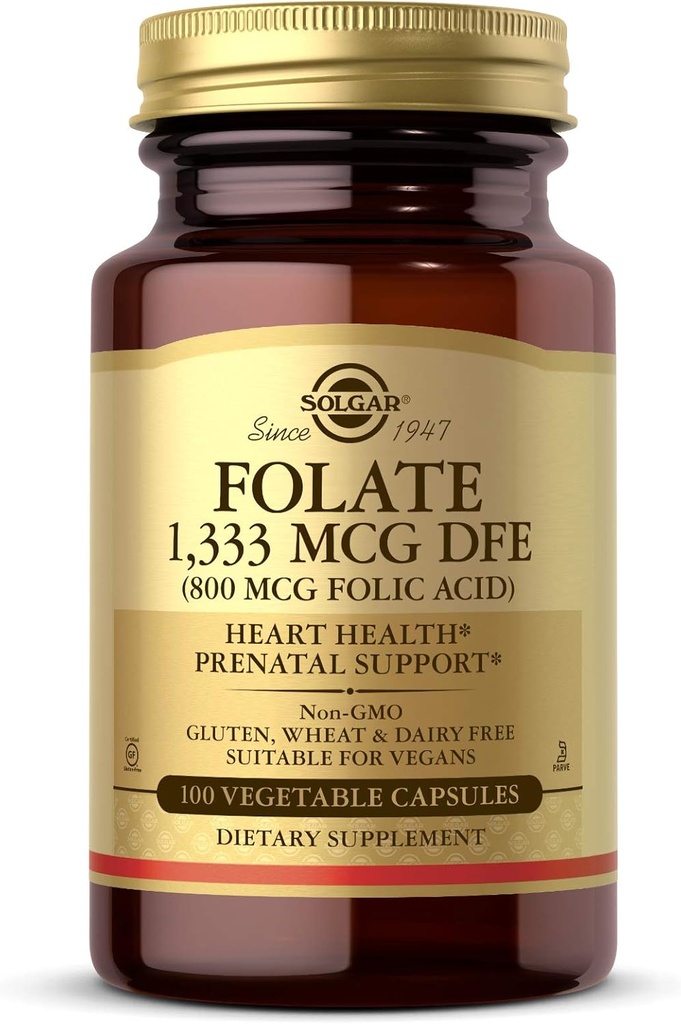 Solgar Folate 1,333 mcg 食餌療法 Folate 等価 (800 mcg 葉酸), 100 野菜カプセル - 心の健康, 健康的な神経系, 胎児サポート - 非GMO, 完全菜食主義者の, グルテンフリー - 100 摂食