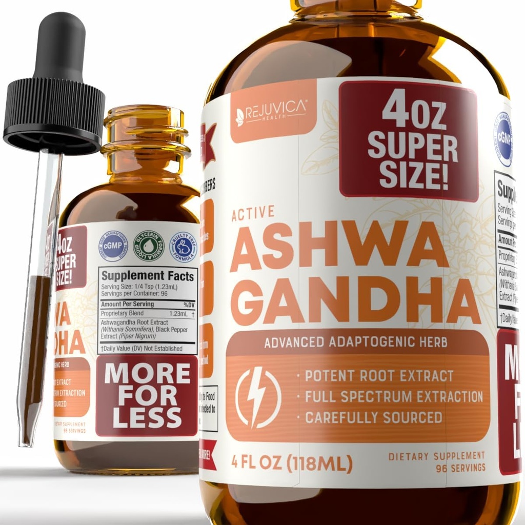 Rejuvica 健康活動的な Ashwagandha 4oz XL の極度のサイズ - 高度の液体の補足のチンキ - Withania Somnifera のエキスの低下 - Ashwagandha の根だけ- 自然にwithanolides を発生させます