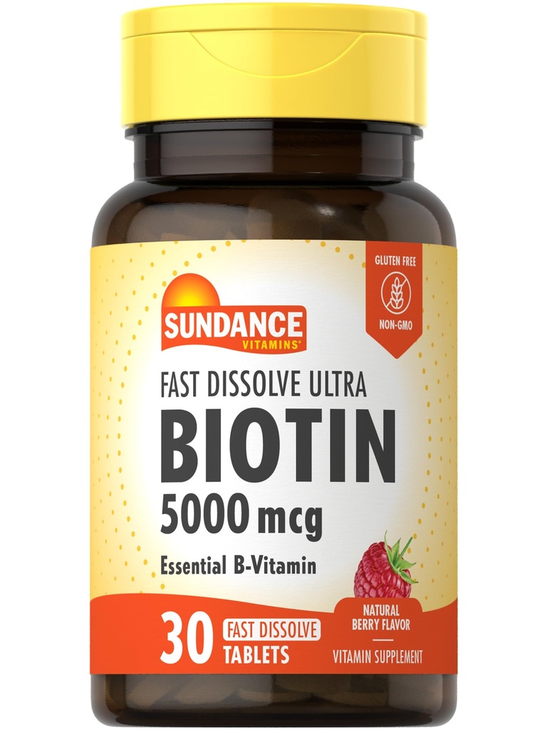 サンダンスファースト分解ビオチン5000mcg | 30錠 | エッセンシャルB-ビタミン | ナチュラルベリー風味 | ベジタリアン・非GMO・グルテンフリー対応サプリメント