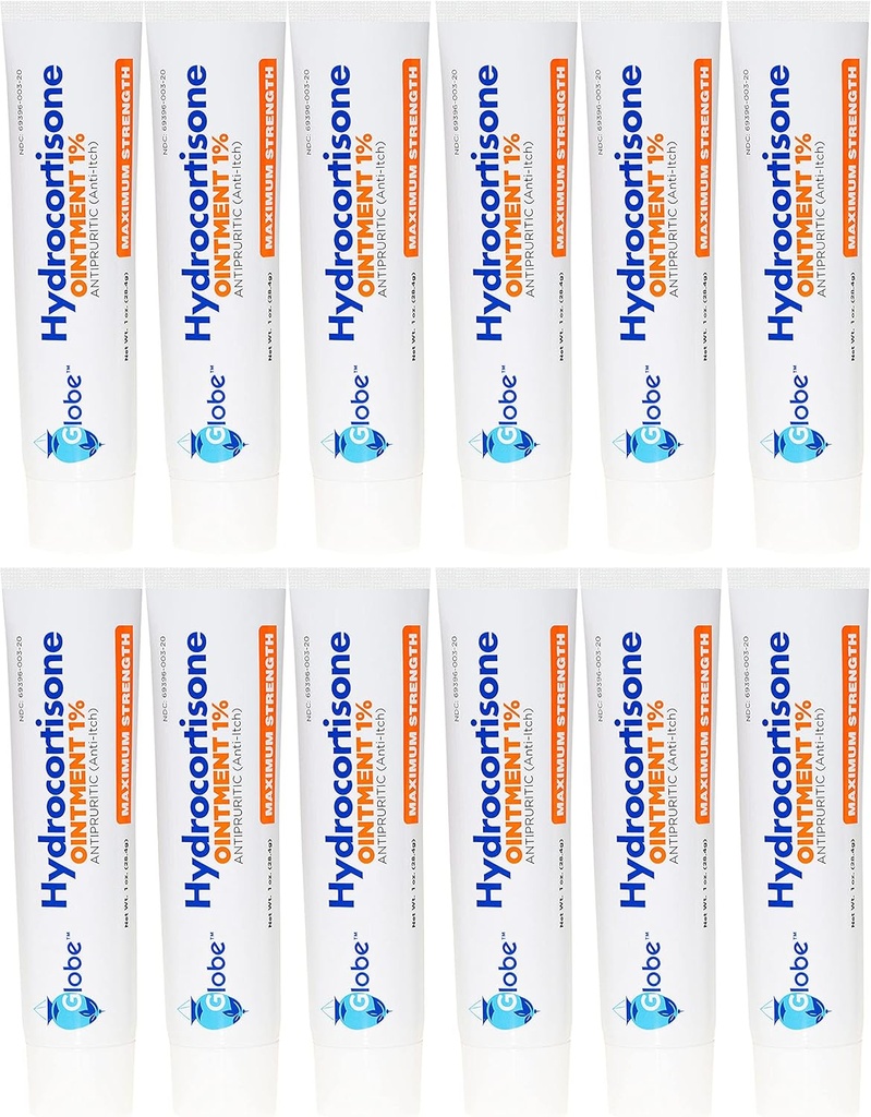 Globe Hydrocortisone 1% 最大強度透明軟膏 1 oz | レッドネス、膨張、イッチ、ラッシュ、皮膚炎、バグ/蚊刺身、Eczema、痔&その他(12パック)