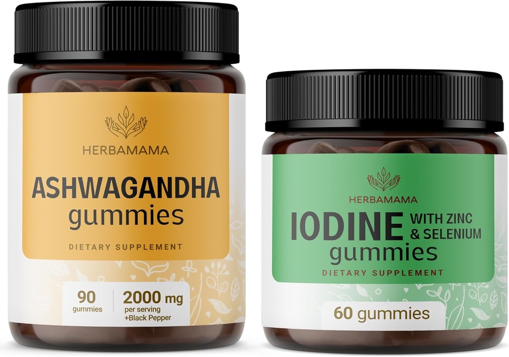 HERBAMAMA Ashwagandha と Iodine Kit - 2000 mg Ashwagandha Root & Potassium ヨウ素, 亜鉛とセレングミー - ビーガン, 非GMO, ゼラチンフリー - 2 パック