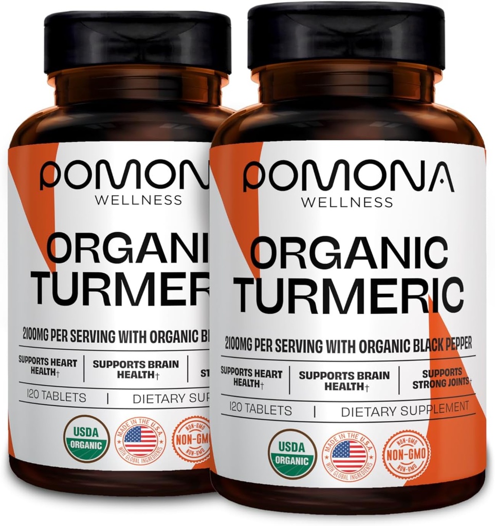 ポモナウェルネスオーガニックターメリックサプリメント2100mg、USDAオーガニック、非GMO、ビーガン、吸収のためのブラックペッパーとターメリッククルクミン、共同サポートと免疫、240錠(2パック)