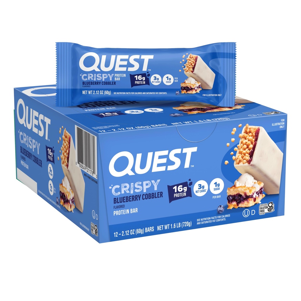 Quest Nutrition Crispy Blueberry Cobbler Hero Protein Bar, 16g Protein, 1g Sugar, 3g Net Carb, グルテンフリープロテインスナック, Keto Friendly, 12カウント