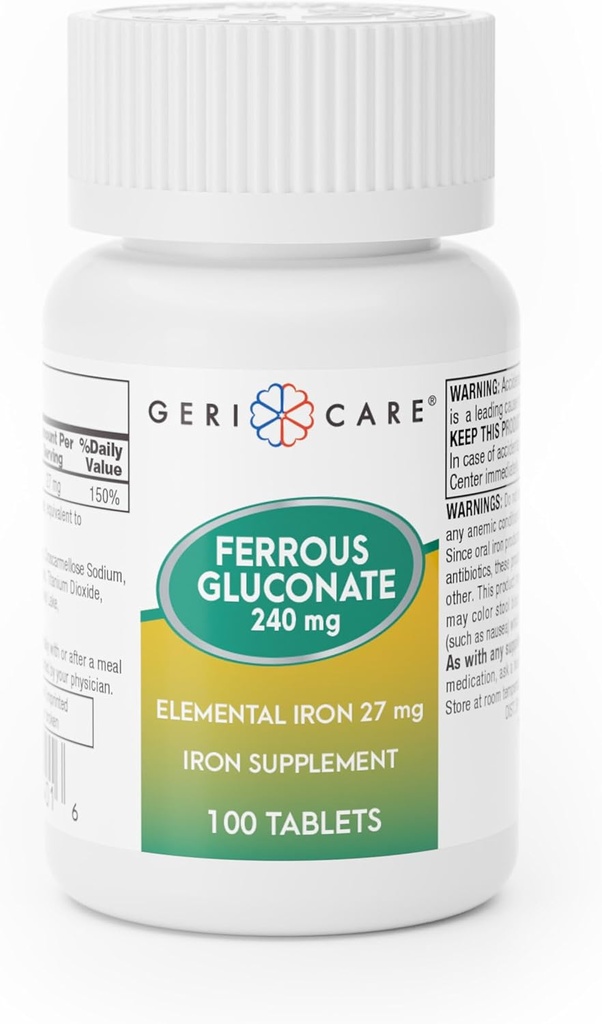 Gericare Iron 27mg Ferrous Gluconate 240mg, Iron & Energy Suplement, 100 Count (Pack of 1)