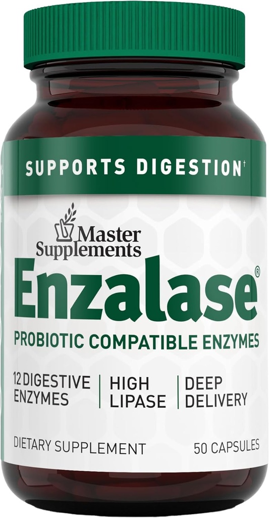 Master Supplements Enzalase - 50 Capsules - Probiotic Compatible Enzymes - Provides Digestive Boost + Gas & Bloating Relief - Gluten Free - 50 Servings