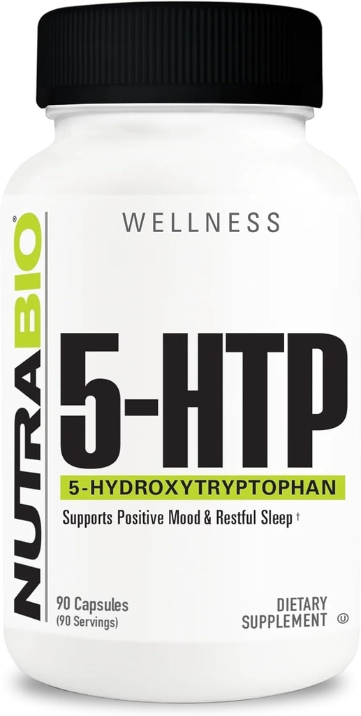 NutraBio 5-HTP サプリメント, 200mg カプセル - 健康と持続睡眠を促進するのに役立ちます, 90 野菜カプセル