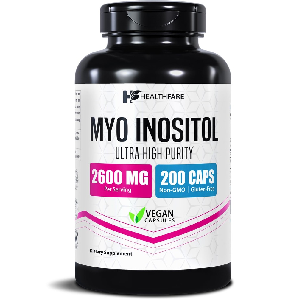 健康増殖ミオイノシトールサプリメント、2600mg | 200ベジカプセル | 超強度 | 女性のための健康的なオワリアンサポート | 女性のためのビタミンB8