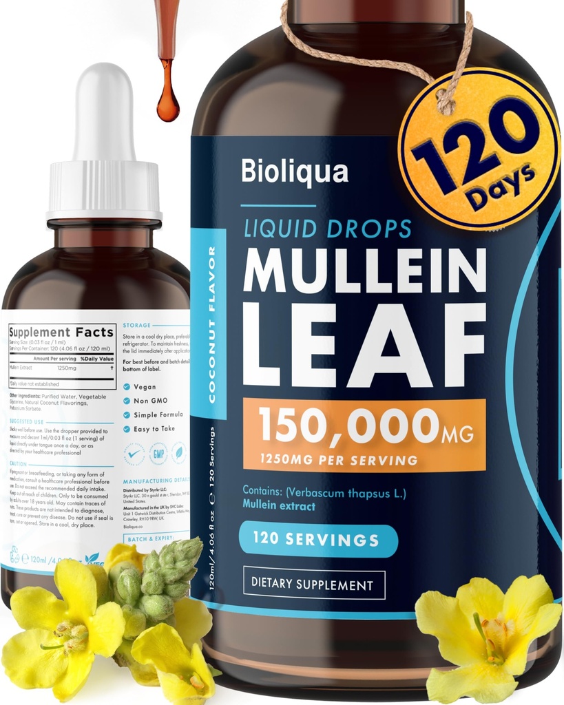 肺のためのBioliqua Mulleinの低下 - 4flのoz Tinctureごとの150,000mgの高力- 120は線量ごとの1,250mg - Lung Detox及びBronchialのクレンジング-ココナッツ味で役立つ