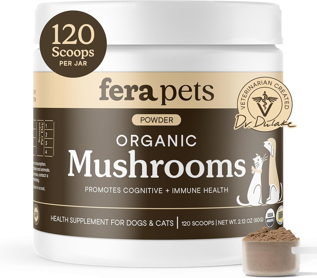 Fera Pets Mushroom Supplement for Dogs & Cats with Turkey Tail - USDA Organic - Cognitive and Immune Support - Enhances Liver Function - Supports a Healthy Gut - Powder - 120 Scoops