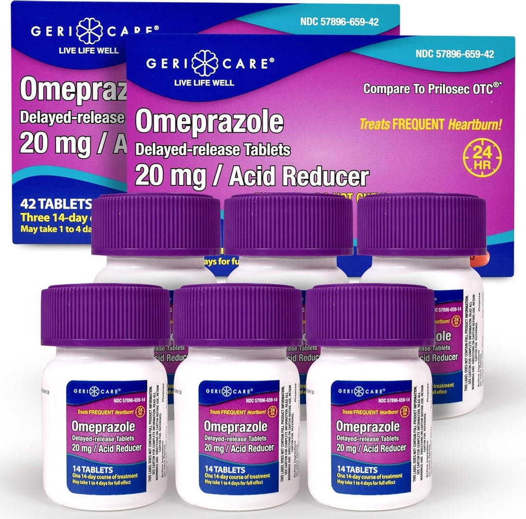 GeriCare Omeprazoleの遅れた解放は24時間のHeartburn救助のための20mg Stomachの酸の減力剤の丸薬-の酸の還流薬-頻繁なHeartburn-の反援助のタブレット42の計算(2のパック)を扱います