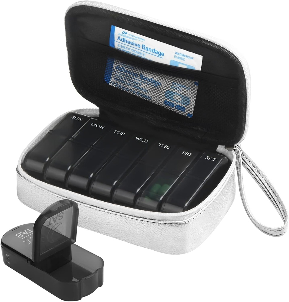 週刊PUの革丸薬袋のオルガナイザーの箱2日、ビタミン、魚油、補足および薬(銀)を握るAM PMの毎日の丸薬箱を回して下さい