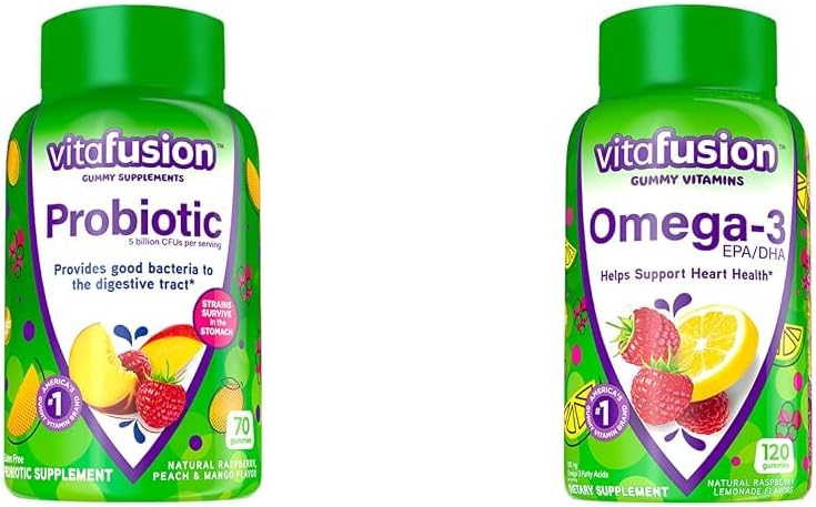 Vitafusion Probiotic Gummy Supplements, Raspberry, Peach and Mango Flavors & Omega-3 Gummy Vitamins, Berry Lemonade Flavored, 心の健康ビタミン(1) with Omega