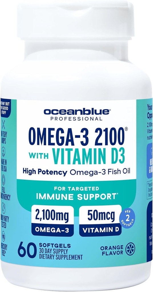 Oceanblue のビタミン D3 と専門のオメガ 3 2100 – 60 ct – 高機能 EPA、DHA、DPA およびビタミン D3 の三重の強さのバープレスの魚油の補足–野生キャッチ–オレンジ味(30 のサービング)