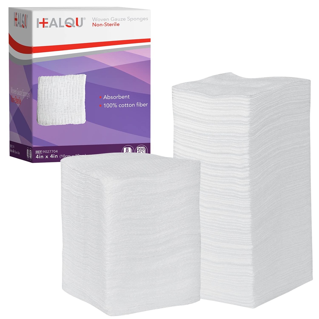 HEALQU 4x4のガーゼ パッド- 200の12の層によって編まれるパック-超吸収性傷のドレッシング、Debridement、クリーニングおよび準備のための柔らかい非生殖の外科スポンジ