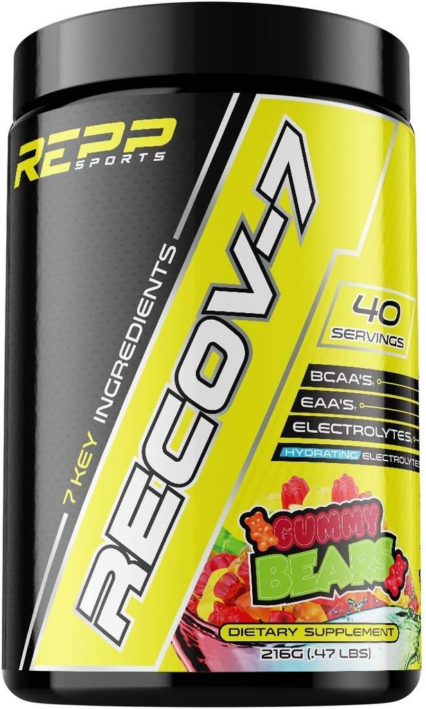 REPP Sports Recov-7 Full Spectrum EAAs and BCAAs | Advanced Recovery and Glycogen Replenishment for Intra-Workout (Gummy Bear, 40 Servings (216g))