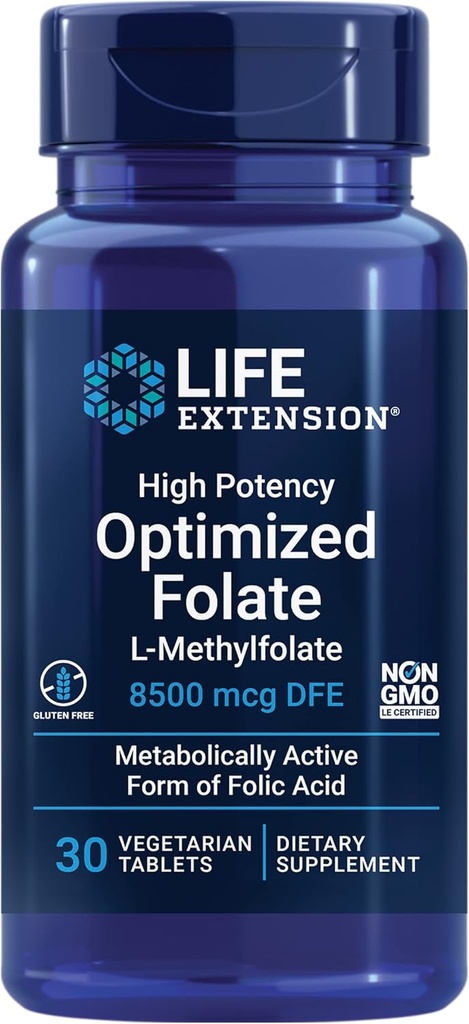 ライフエクステンション高効力最適化 Folate - L-methylfolate - 葉酸、8500 mcg DFE - ハート&脳サポート、健康的なホモシースタインレベル - グルテンフリー、非GMO、ベジタリアン - 30錠