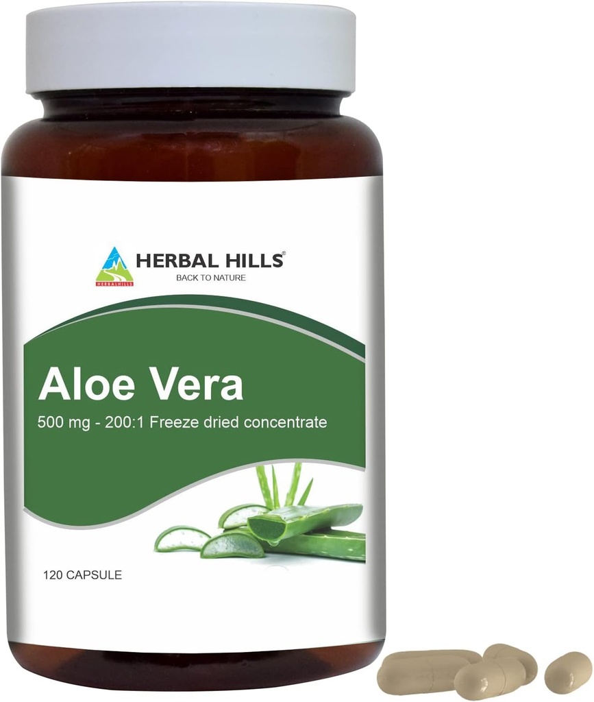 HERBAL HILLS Aloe Veraカプセル(アロエバーバデンシス) | 120カプセル(500mg) | ピュアアロフリーズドライパウダーサプリメント、高濃度、サポート 全般 ウェルビーイング