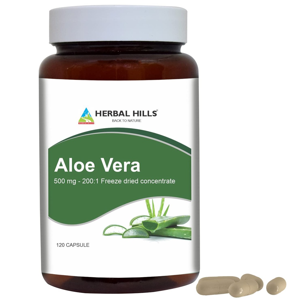HERBAL HILLS Aloe Veraカプセル(アロエバーバデンシス) | 120カプセル(500mg) | ピュアアロフリーズドライパウダーサプリメント、高濃度、サポート 全般 ウェルビーイング