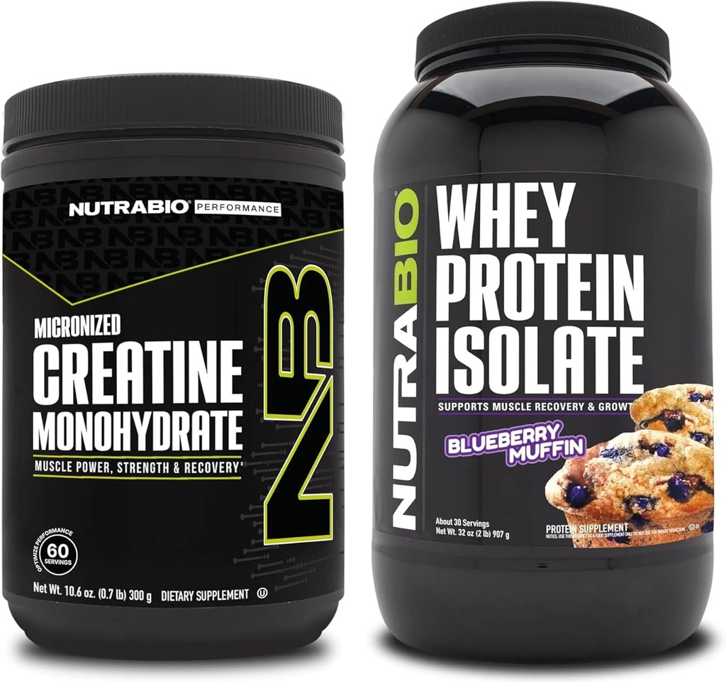 NutraBioのクレアチンの Monohydrate、Unflavored、300gおよびWhey蛋白質の隔離剤、Blueberryのマフィン、補足の束-筋肉エネルギー、細い筋肉成長、回復および強さ
