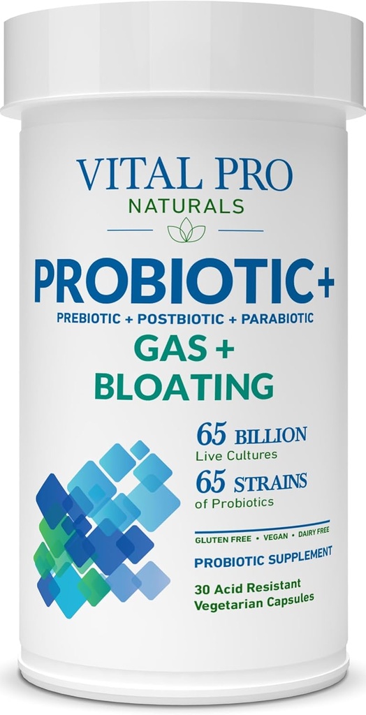 Vital Pro Naturals - ガス&ブロッキングプロバイオティクス+プレバイオティクス、ポストバイオティクス、パラバイオティクス、大人のための4-in-1健康サプリメント、高効力、65ストレーナー、毎日の消化と免疫サポート、30カラット