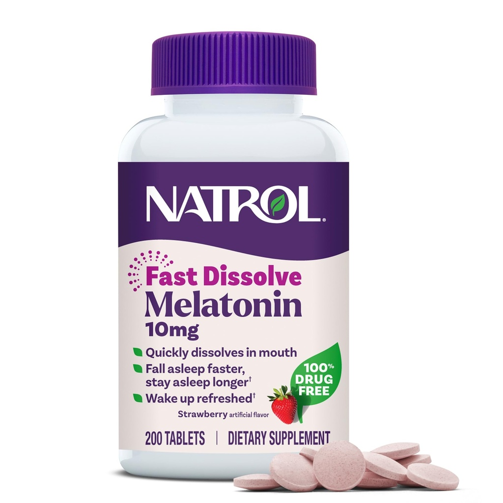 NatrolのMelatonin 10mgの速い分解のタブレット-いちごの味、200の計算、睡眠サポート、大人のための速い分解のMelatonin、200日の供給