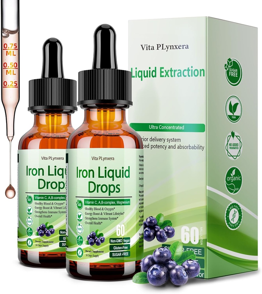 2 Pack Liquid Iron Supplement for Women Men & Kids, Vegan Iron Drops with Vitamin C D, B12, B-Complex, High Potency Liquid with Multivitamin for Anemia, Energy Support, Magnesium Iron Gentle