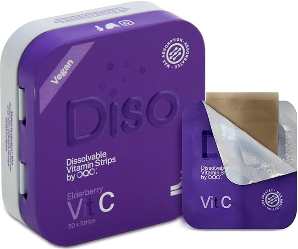 DISO - ビタミンC - 高速分解経口ストリップ、エルダーベリー味、ボオス免疫、ビーガン、ゼロ砂糖、最大吸収、グルテンフリー、個別にラップ、30分解性ストリップ