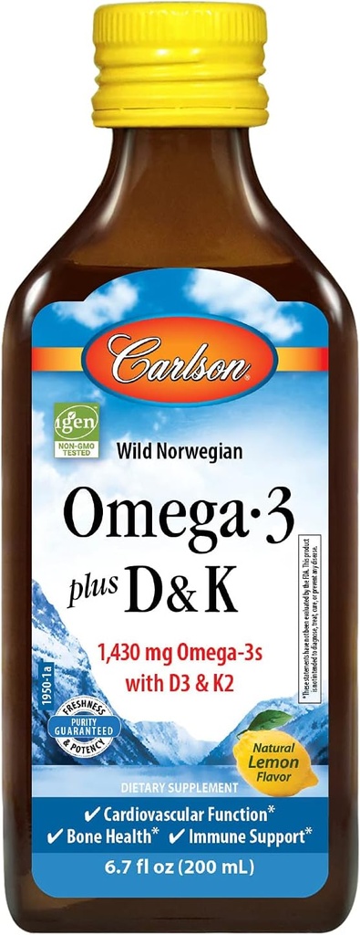 カールソン - Omega-3 + D&K、1430 mg omega-3s、2000 IU (50 mcg) D3、MK-7、心の健康、骨サポート、レモン、200 mL として 90 mcg K2