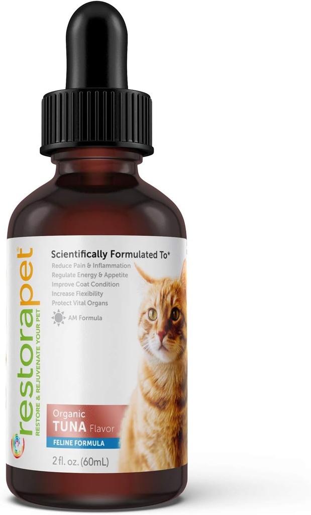 RestoraPet Organic Cat Supplement | ヘルシーで安全な抗酸化液滴 | アンチ炎症マルチビタミン | 増減率とエネルギー | キャットジョイントサプリメント | マグナ風味