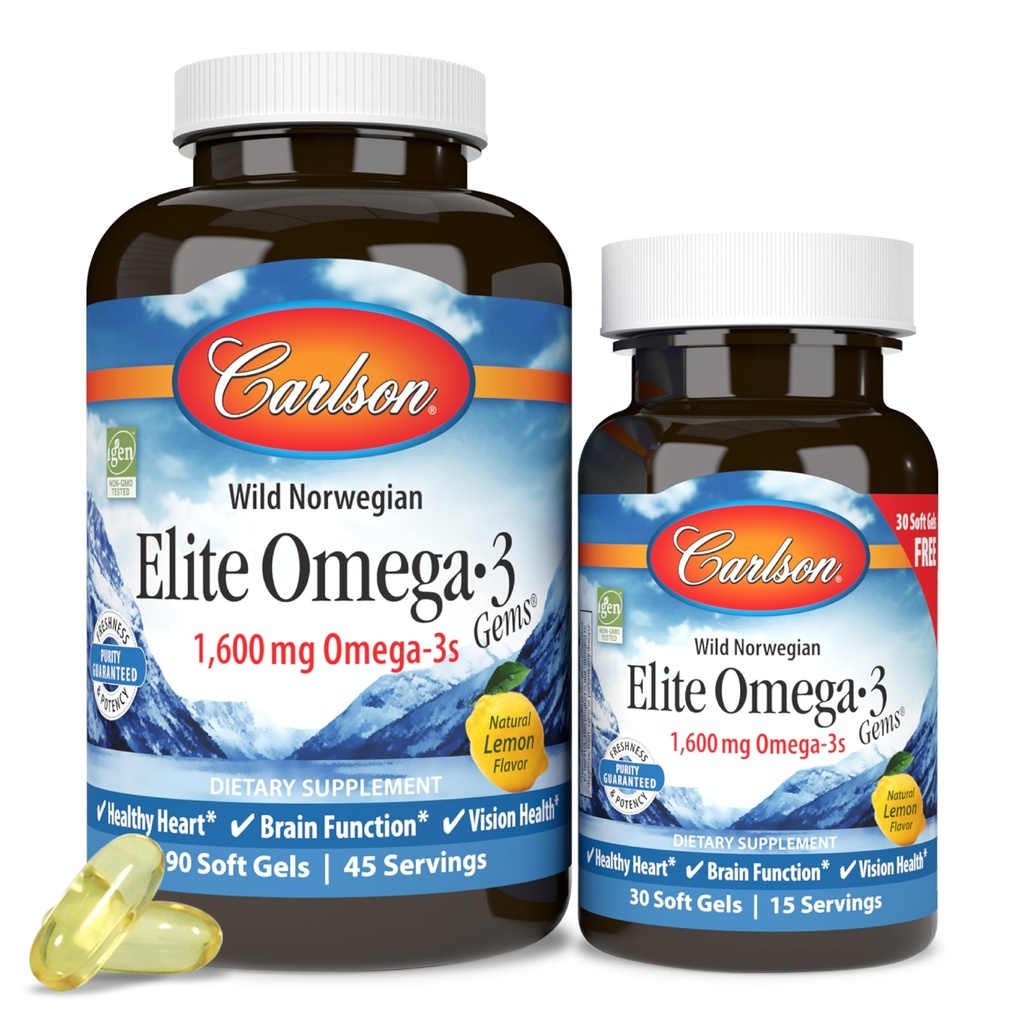 カールソン - エリートオメガ-3 宝石,1600 mg Omega-3 脂肪酸 EPA と DHA を含む,ノルウェー, ワイルドキャッチ魚油サプリメント,持続可能な供給カプセル, レモン, 90 + 30 ソフトゲル