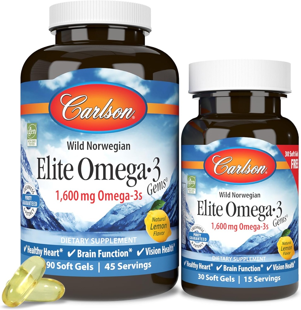 カールソン - エリートオメガ-3 宝石,1600 mg Omega-3 脂肪酸 EPA と DHA を含む,ノルウェー, ワイルドキャッチ魚油サプリメント,持続可能な供給カプセル, レモン, 90 + 30 ソフトゲル