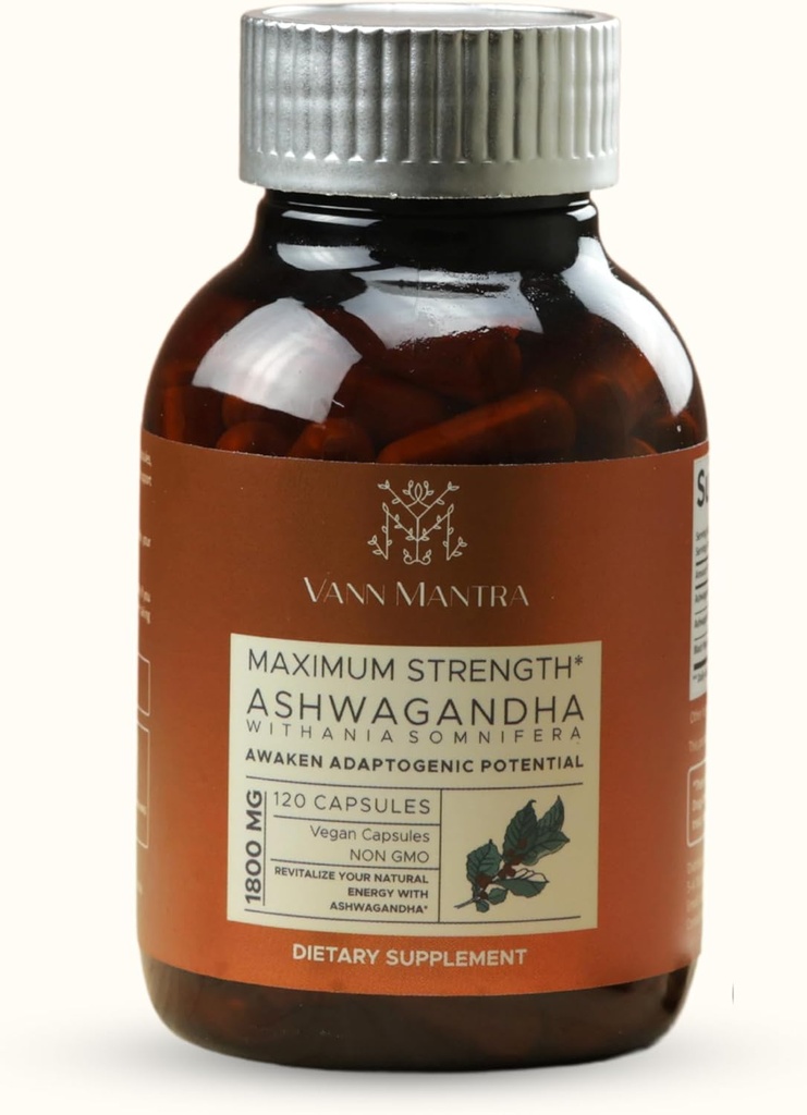 アシュワガンダカプセル, 120カウント, サービングあたり1800mg, ストレスリリーフ&免疫サポートサプリメント, 平和 & バランスルーチン, ビーガンアーユルヴェーダサプリメント, 非GMO