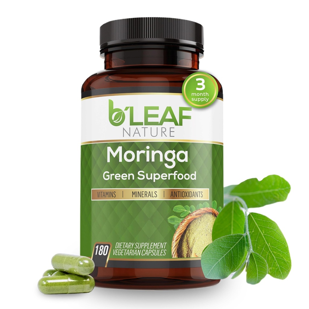 B'LEAF NATURE有機モリンガカプセル1000mg、180カウント - モリンガカプセルと免疫サポート、エネルギー&バランス - ビーガン、毎日のウェルネスのための非GMOサプリメント